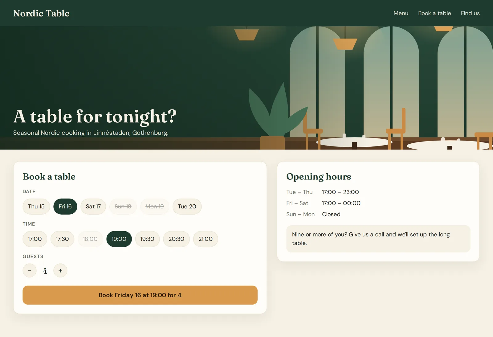 Example app: a restaurant booking page with dates, times and party size.