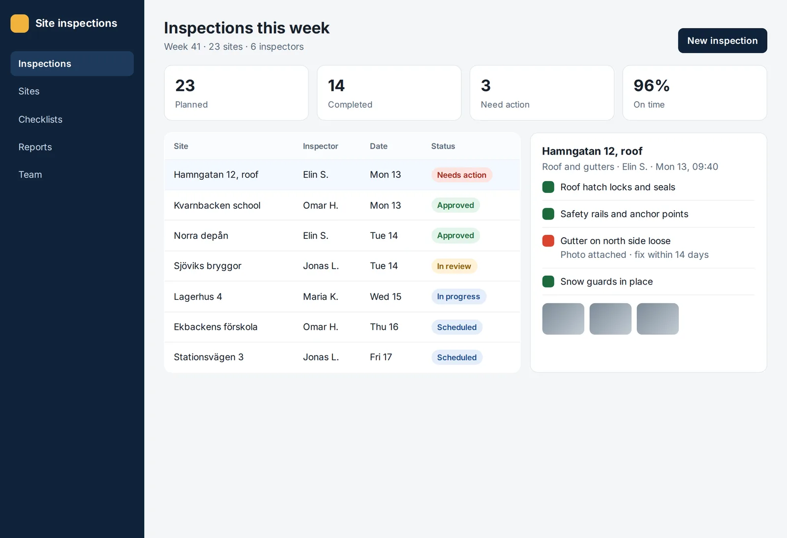 Example app: a field team's site inspections with statuses and a checklist.