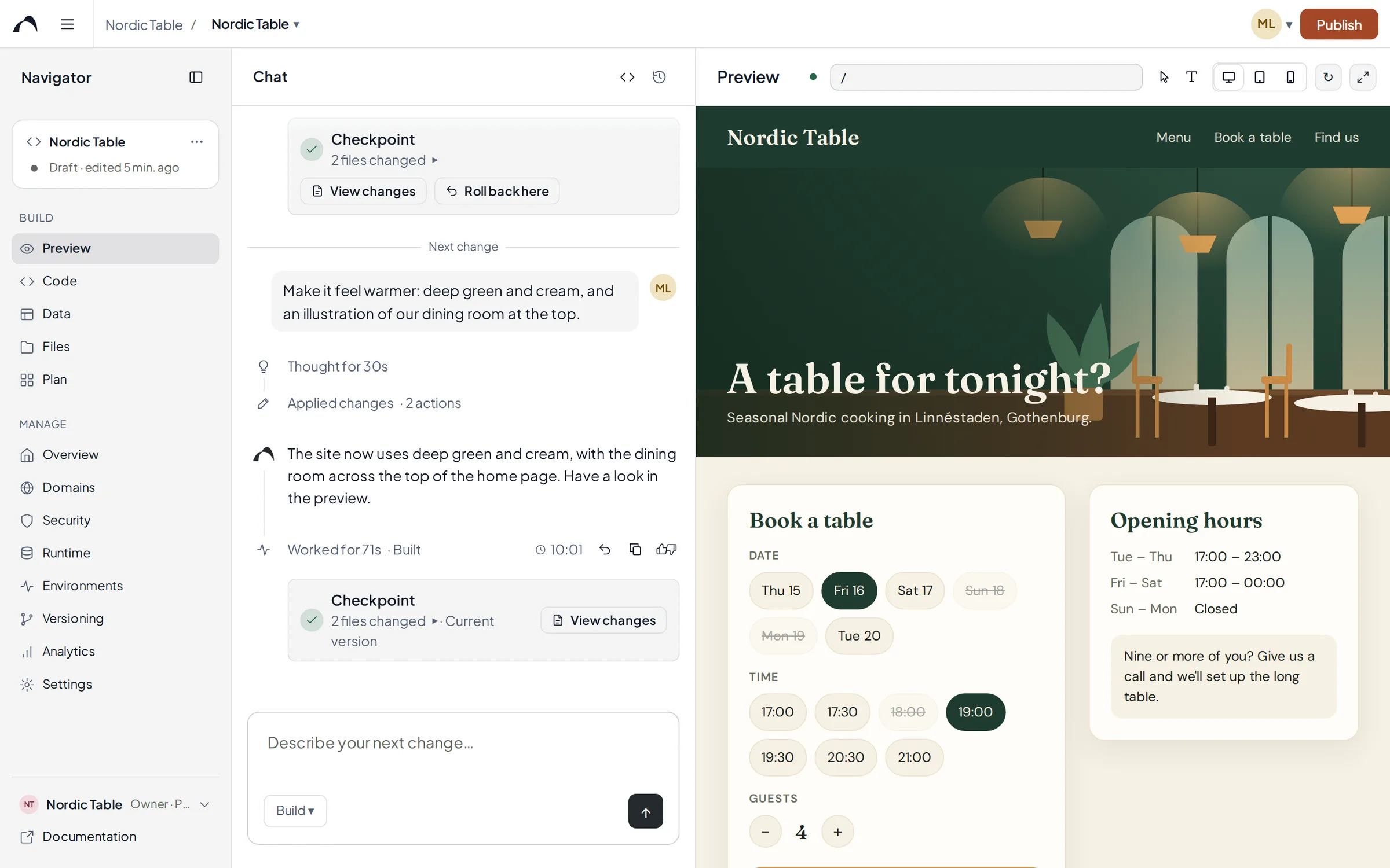The Ahamo builder: the navigator, the chat and the live preview of Nordic Table, a restaurant booking app.