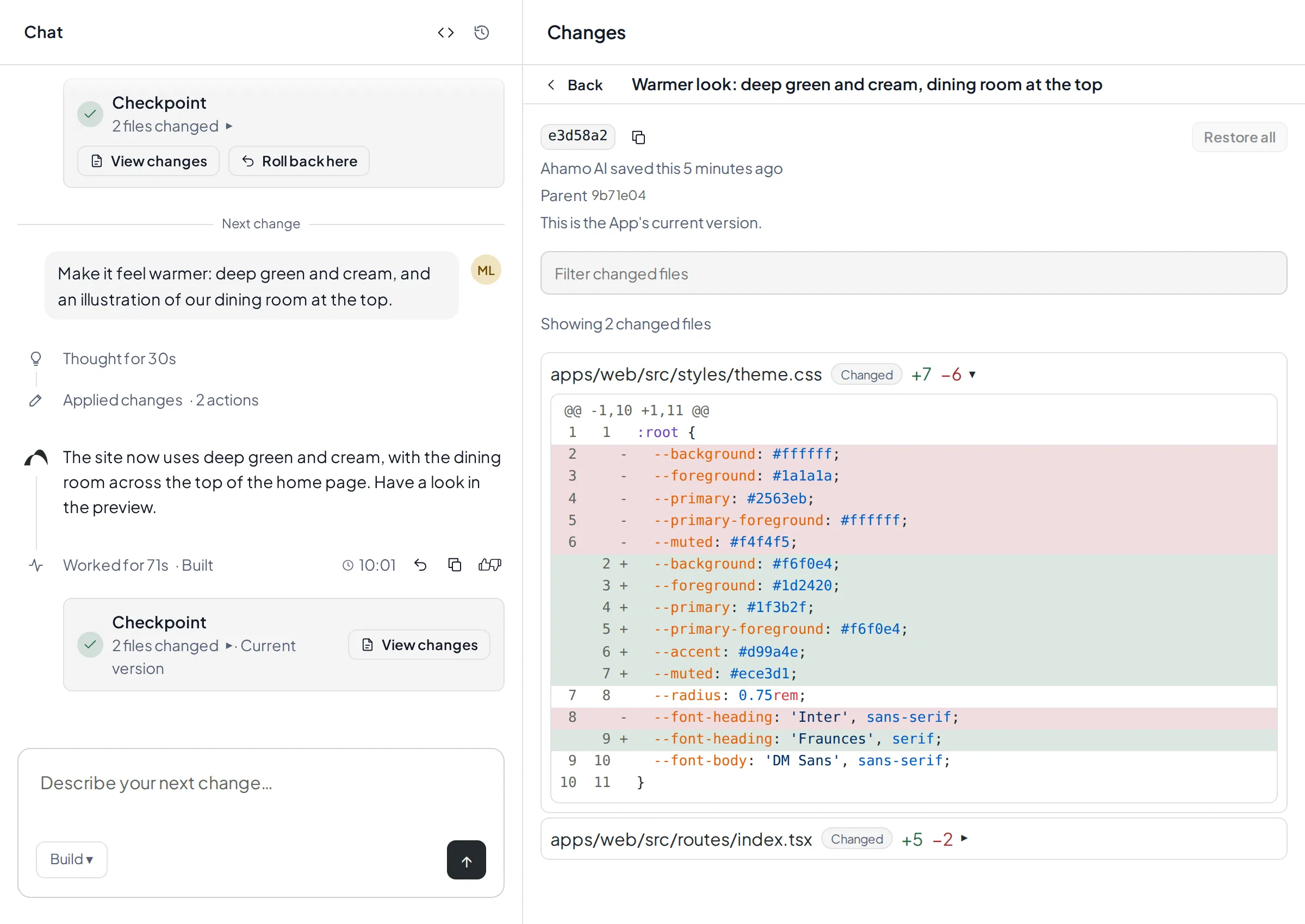 A checkpoint's changes, file by file, next to the chat.