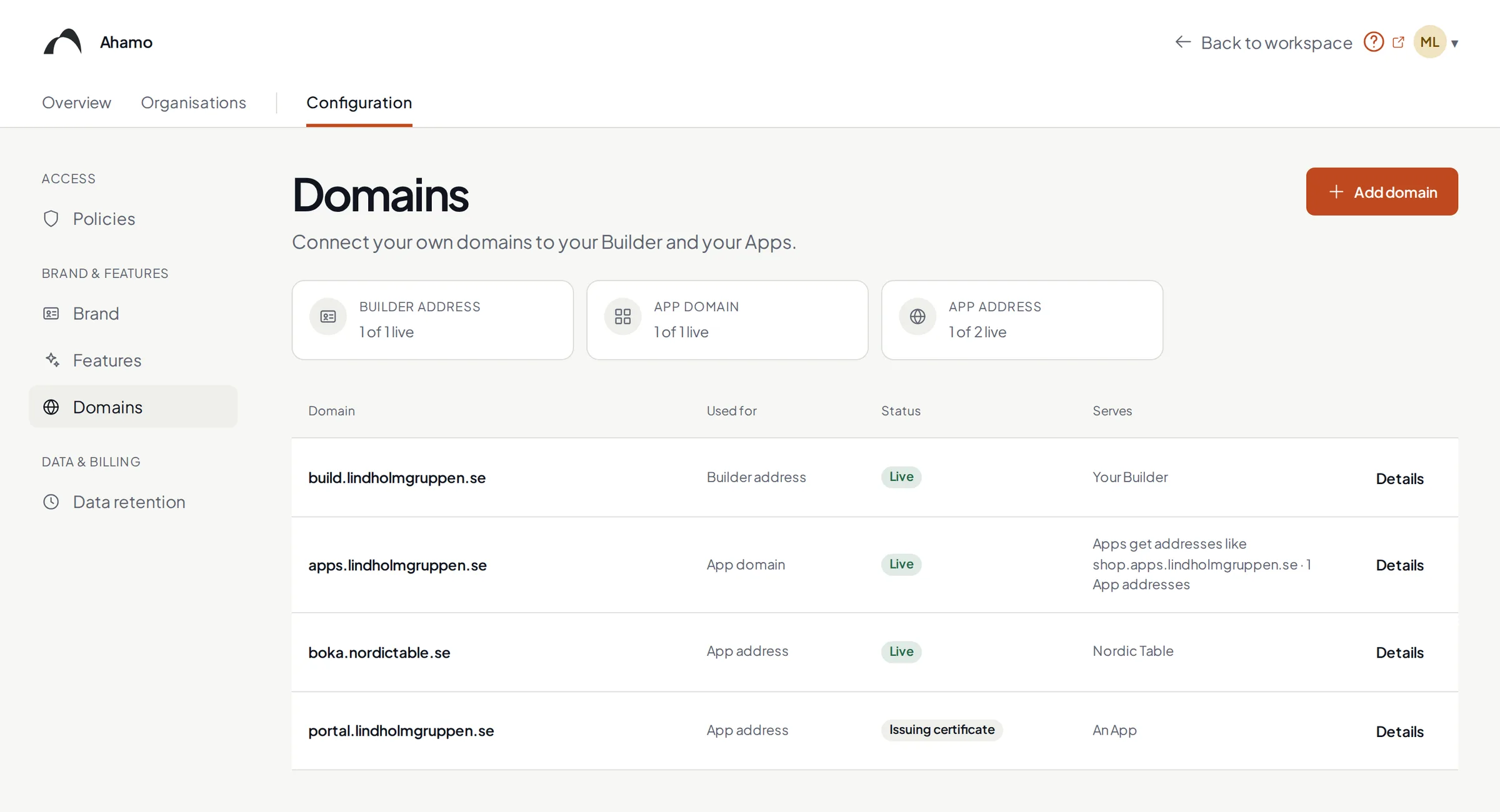 An organisation's domains: a builder address, an apps domain and app addresses, each with its status.